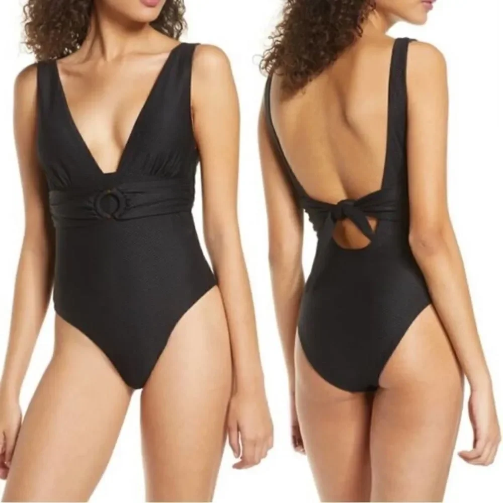 CHELSEA28 Black Belted Textured One Piece Swimsuit